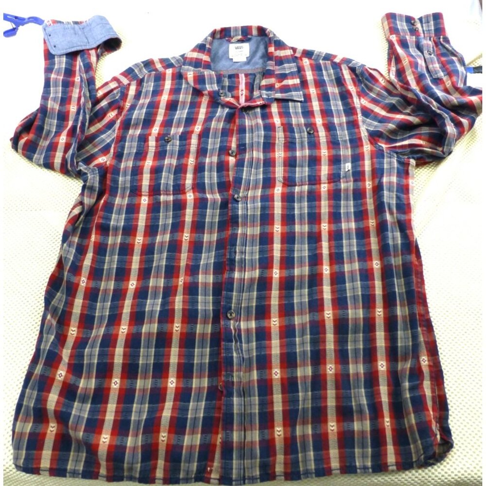 Vans Mens XX-Large Classic Fit Red & Blue Plaid Button-Up Shirt With Pockets